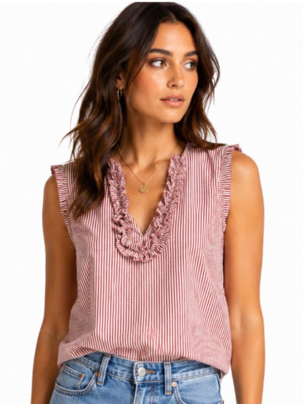 J.Crew Ruffle V-Neck Striped Cotton Tank Top Red White Size 4 Preppy